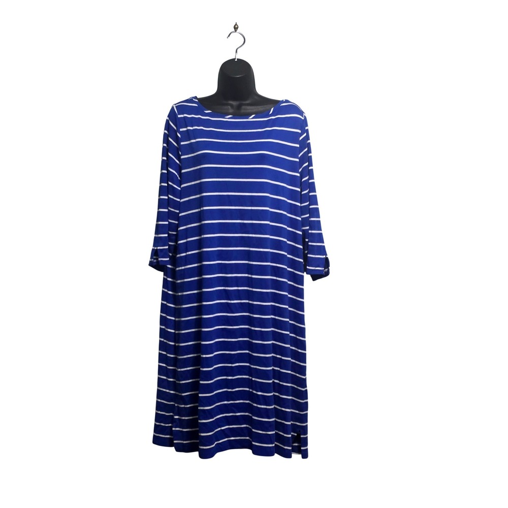 Isaac Mizrahi Live Essentials Blue White Striped 3/4 Sleeve Shift Dress 2X